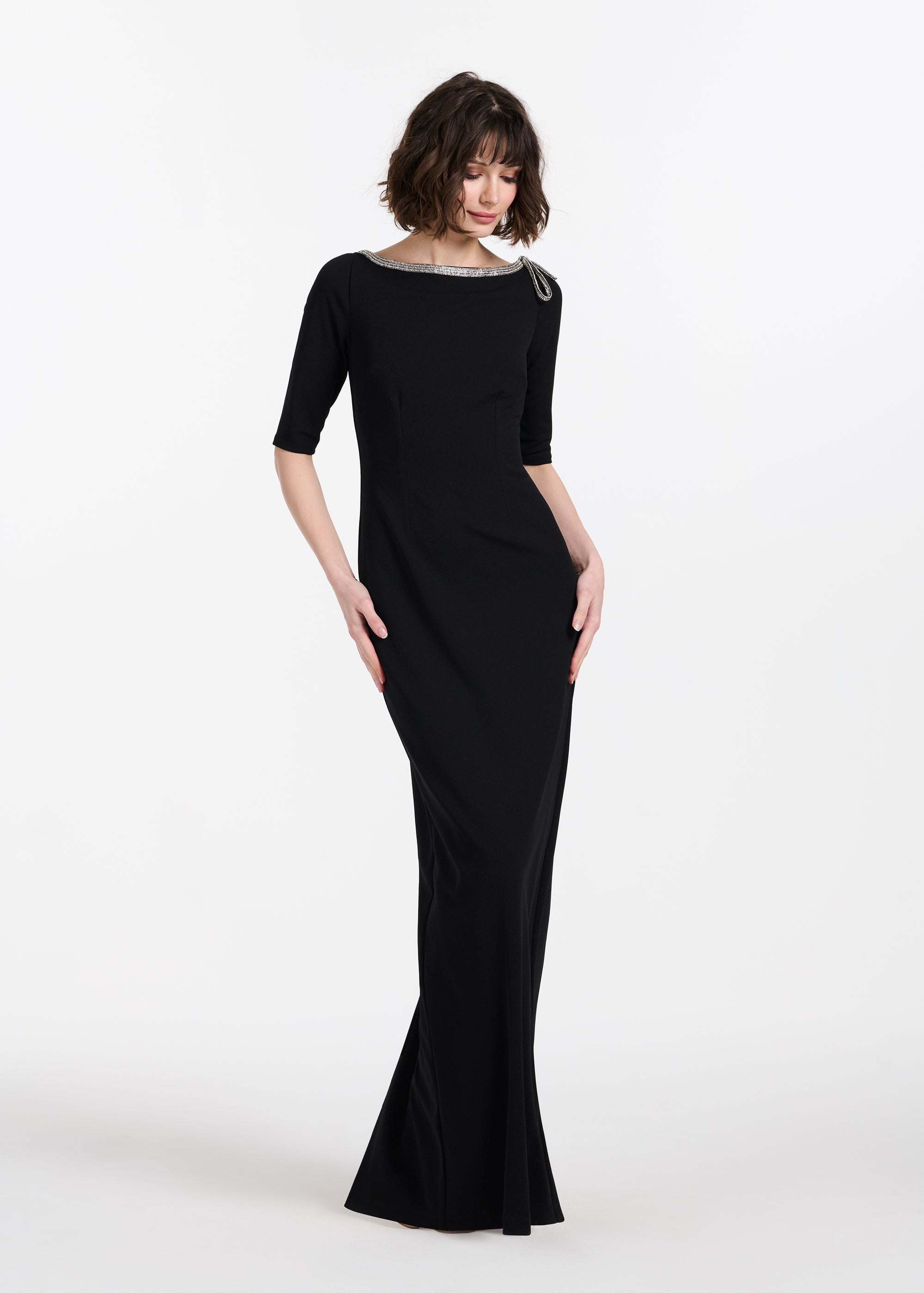 STRETCH CREPE JEWLED NECK COLUMN GOWN WITH CRYSTAL BOW RED