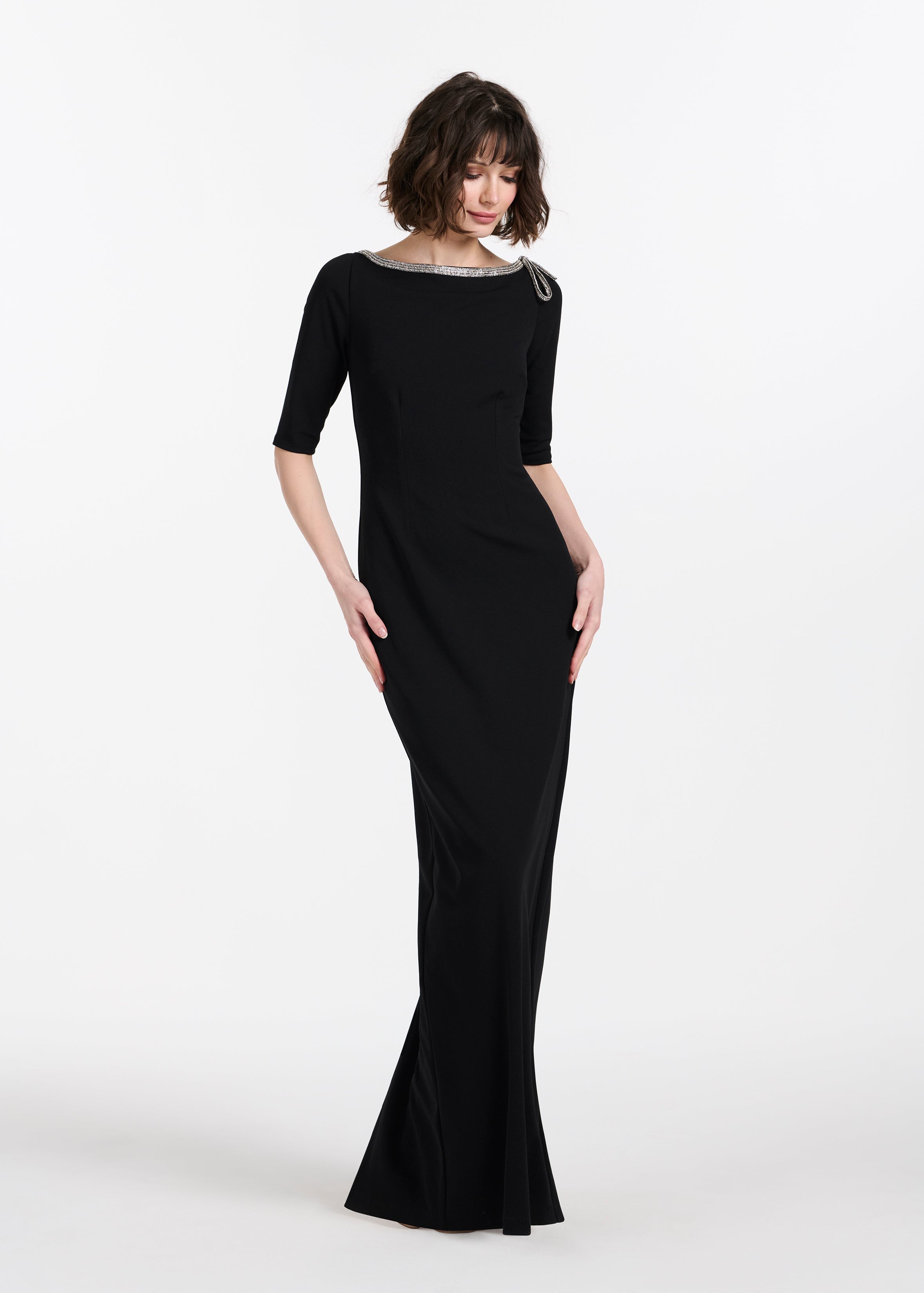STRETCH CREPE JEWLED NECK COLUMN GOWN WITH CRYSTAL BOW RED