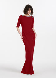 STRETCH CREPE JEWLED NECK COLUMN GOWN WITH CRYSTAL BOW RED
