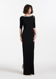 STRETCH CREPE JEWLED NECK COLUMN GOWN WITH CRYSTAL BOW RED