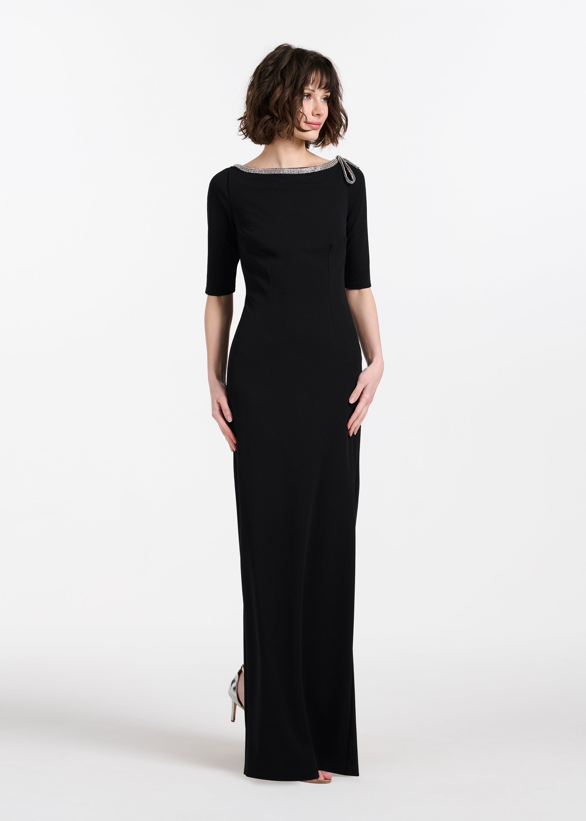 STRETCH CREPE JEWLED NECK COLUMN GOWN WITH CRYSTAL BOW RED