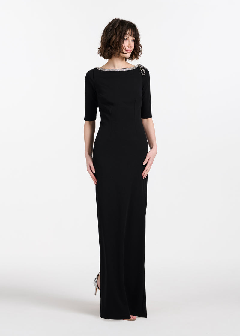 STRETCH CREPE JEWLED NECK COLUMN GOWN WITH CRYSTAL BOW BLACK