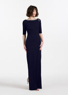 STRETCH CREPE JEWLED NECK COLUMN GOWN WITH CRYSTAL BOW NAVY