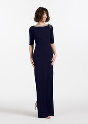 STRETCH CREPE JEWLED NECK COLUMN GOWN WITH CRYSTAL BOW NAVY