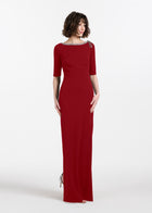 STRETCH CREPE JEWLED NECK COLUMN GOWN WITH CRYSTAL BOW RED