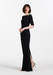 STRETCH CREPE JEWLED NECK COLUMN GOWN WITH CRYSTAL BOW RED