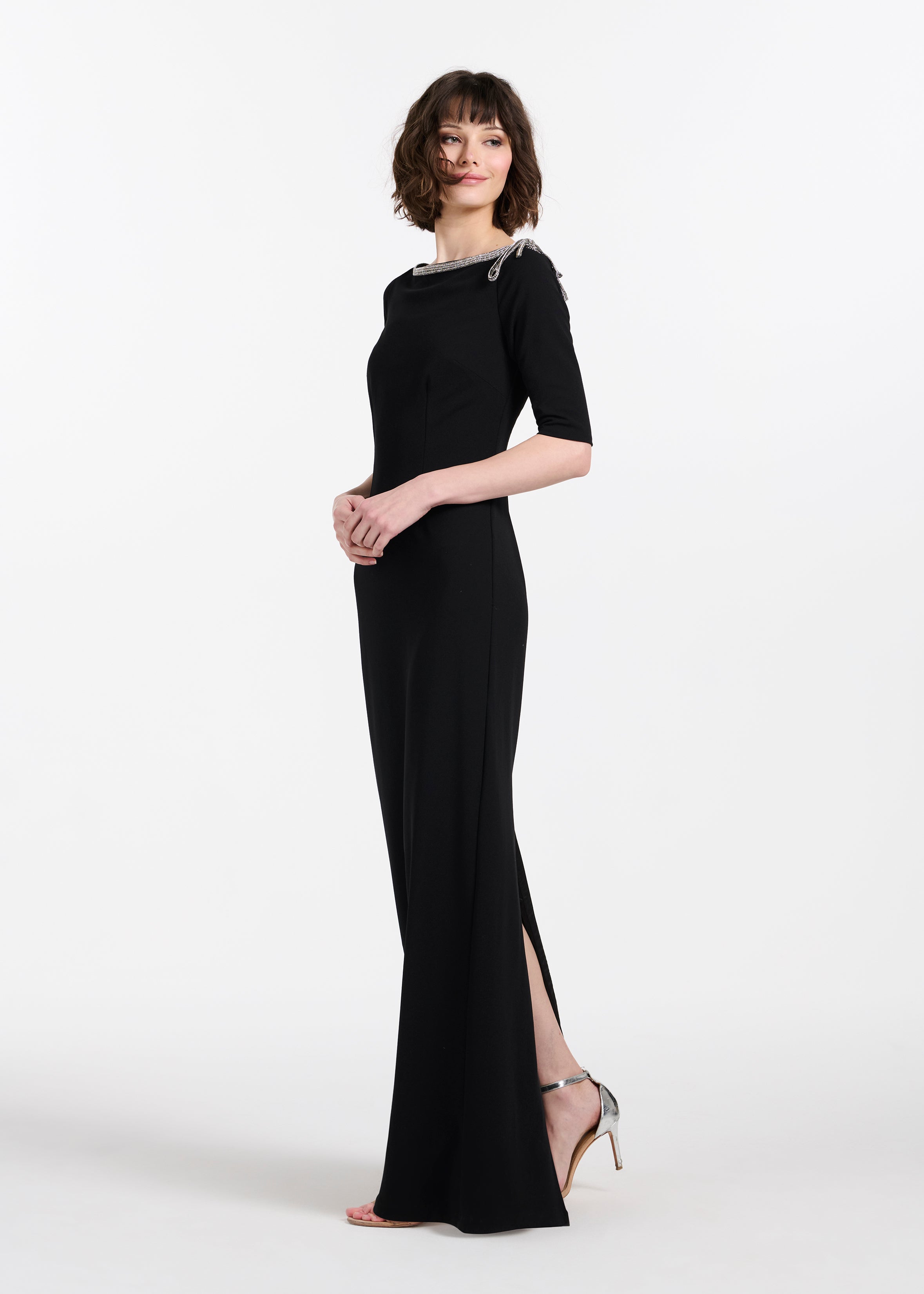 STRETCH CREPE JEWLED NECK COLUMN GOWN WITH CRYSTAL BOW RED