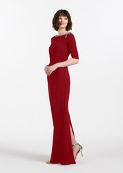 STRETCH CREPE JEWLED NECK COLUMN GOWN WITH CRYSTAL BOW RED