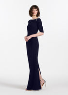 STRETCH CREPE JEWLED NECK COLUMN GOWN WITH CRYSTAL BOW NAVY