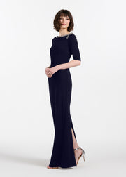 STRETCH CREPE JEWLED NECK COLUMN GOWN WITH CRYSTAL BOW NAVY