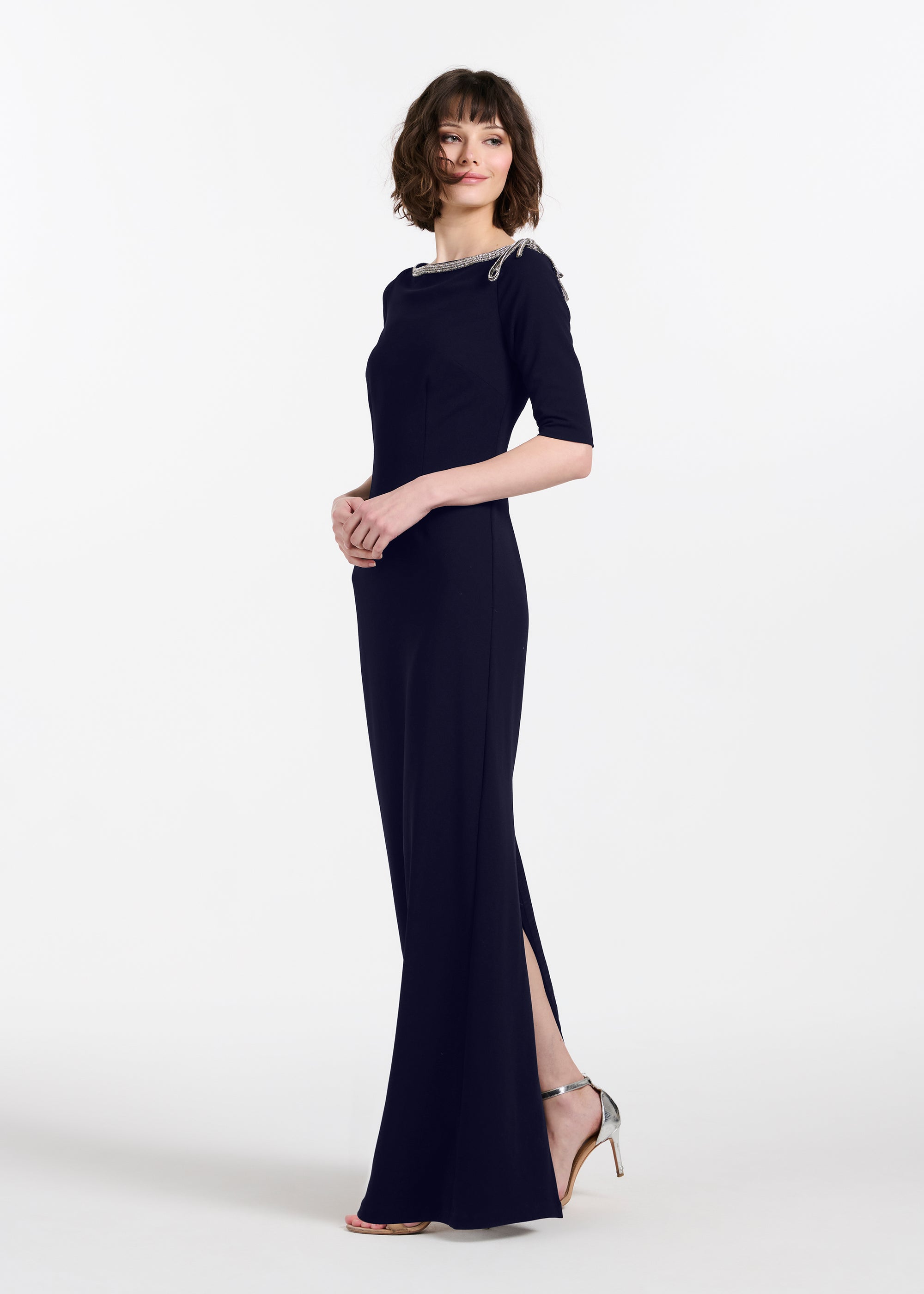 STRETCH CREPE JEWLED NECK COLUMN GOWN WITH CRYSTAL BOW NAVY