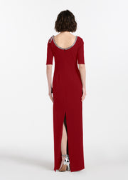 STRETCH CREPE JEWLED NECK COLUMN GOWN WITH CRYSTAL BOW RED