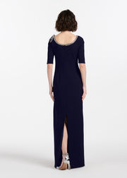 STRETCH CREPE JEWLED NECK COLUMN GOWN WITH CRYSTAL BOW NAVY