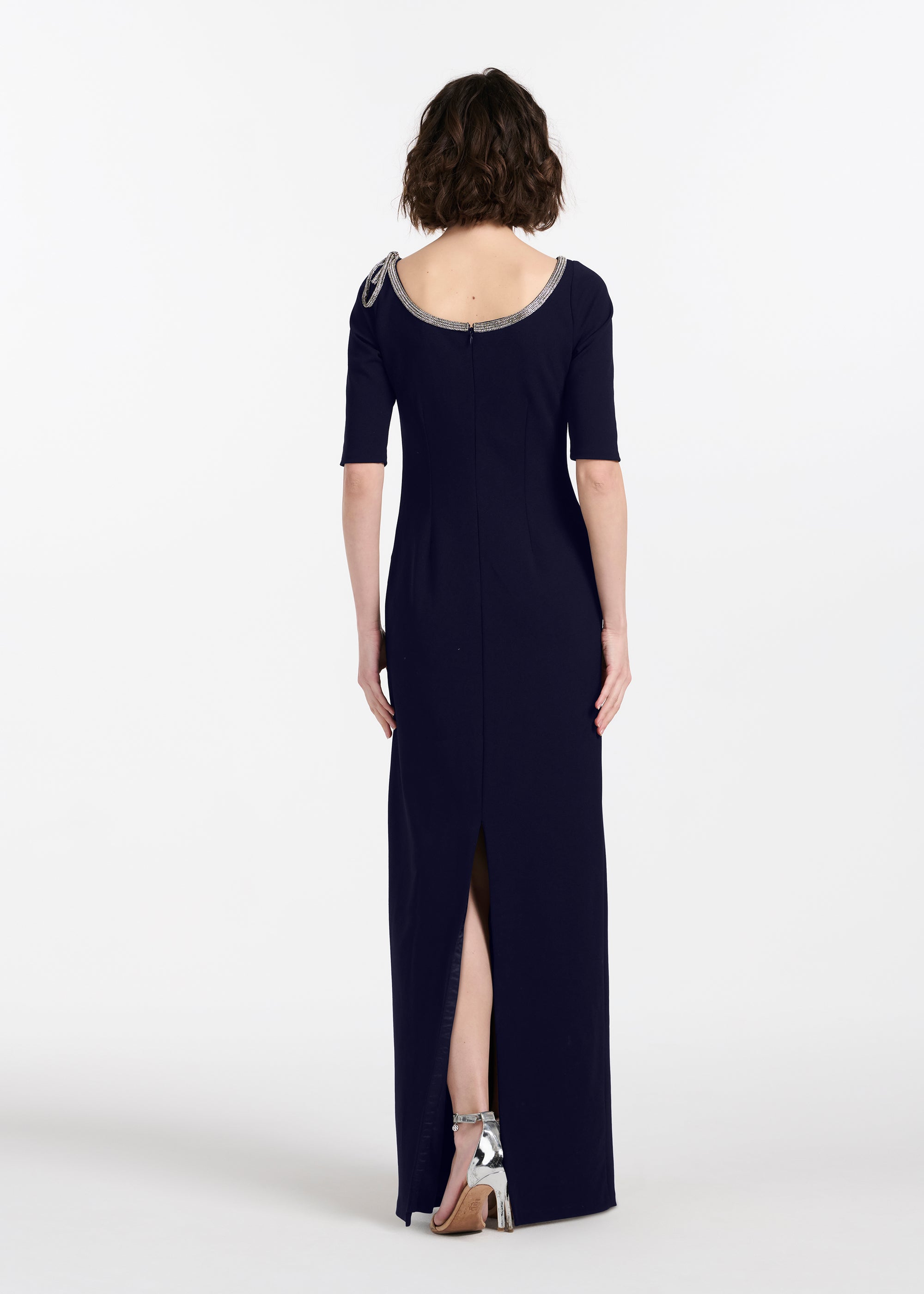 STRETCH CREPE JEWLED NECK COLUMN GOWN WITH CRYSTAL BOW NAVY