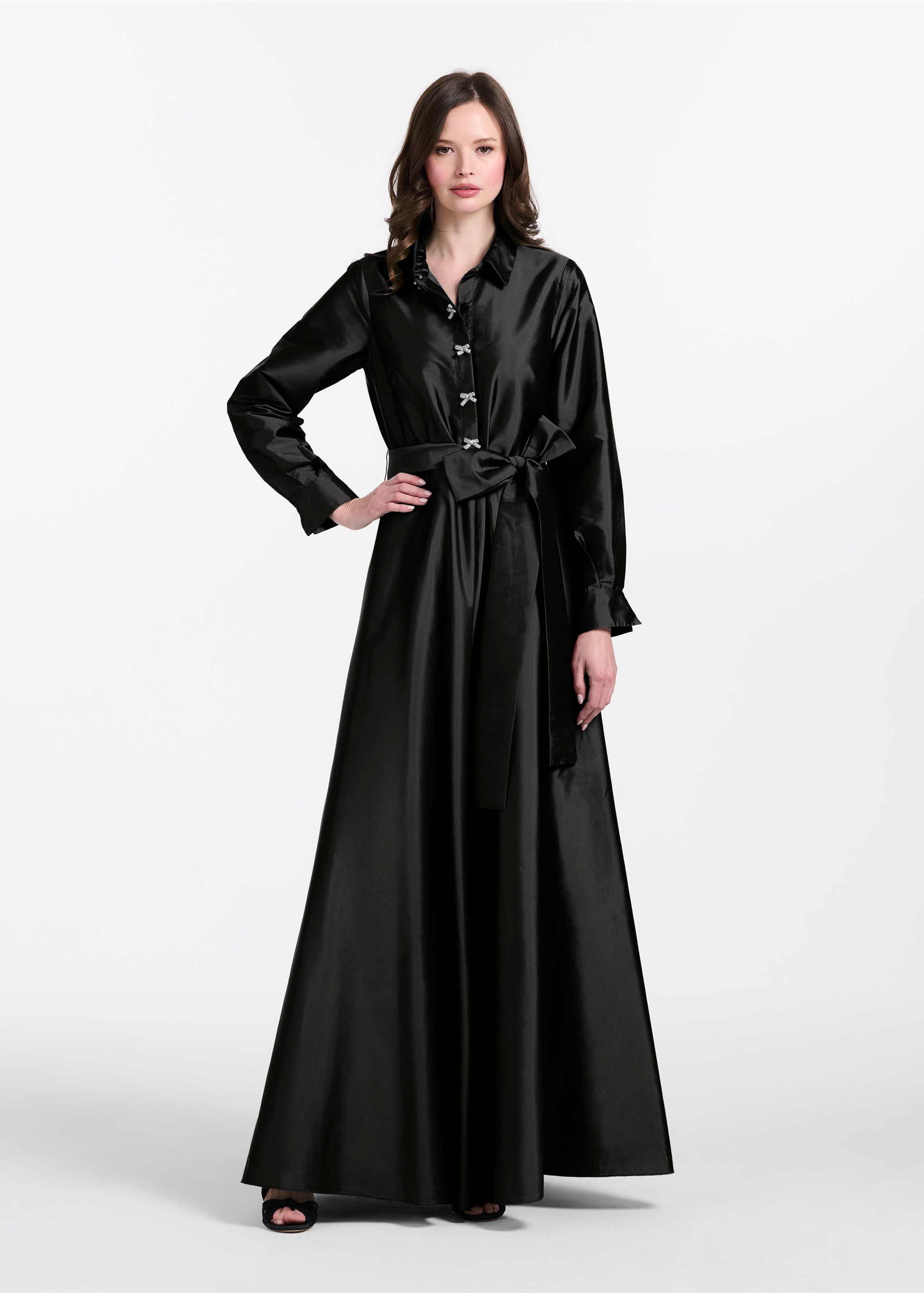 TAFFETA ALINE GOWN WITH CRYSTAL BUTTONS SILVER