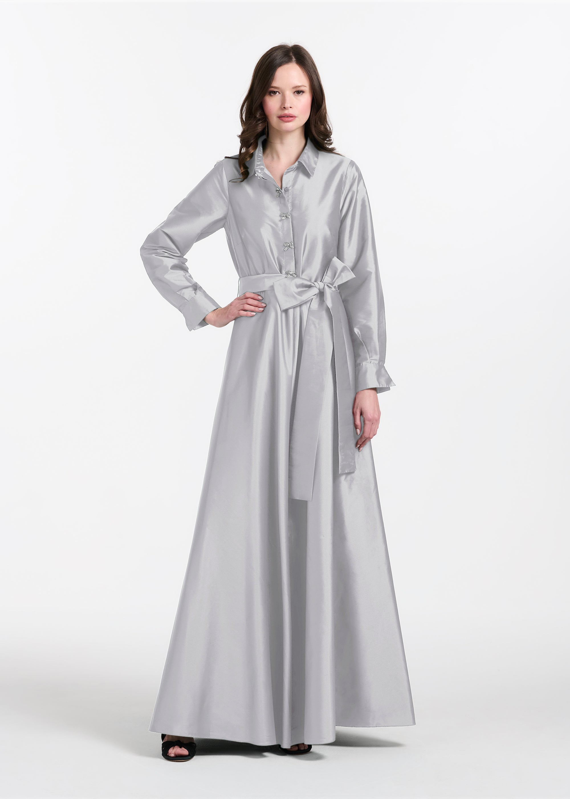 TAFFETA ALINE GOWN WITH CRYSTAL BUTTONS SILVER