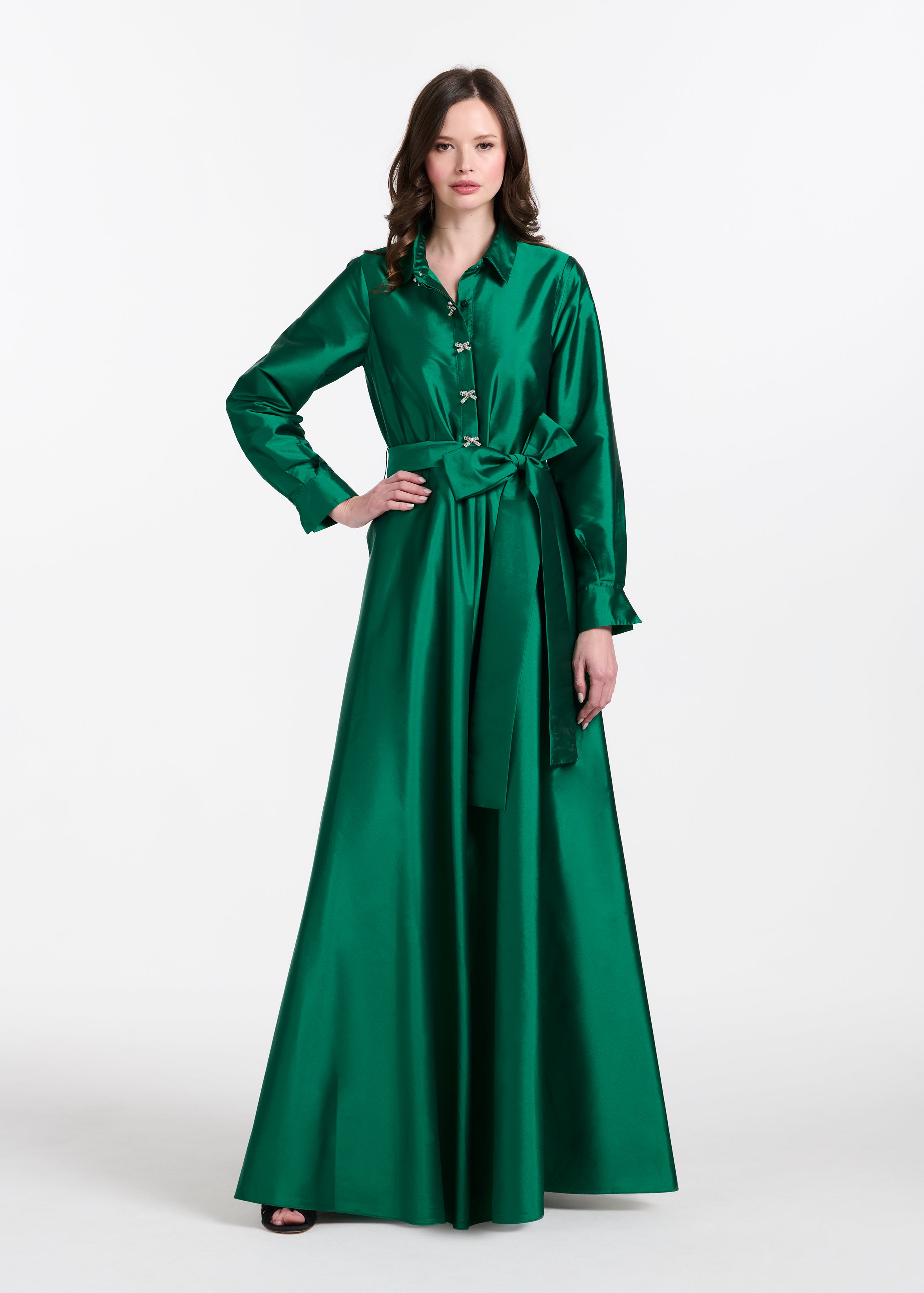 TAFFETA ALINE GOWN WITH CRYSTAL BUTTONS SILVER