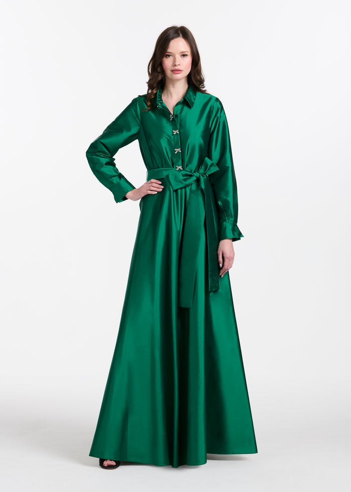 Taffeta Aline Gown With Crystal Buttons Emerald