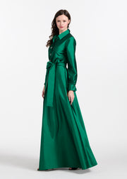 TAFFETA ALINE GOWN WITH CRYSTAL BUTTONS SILVER