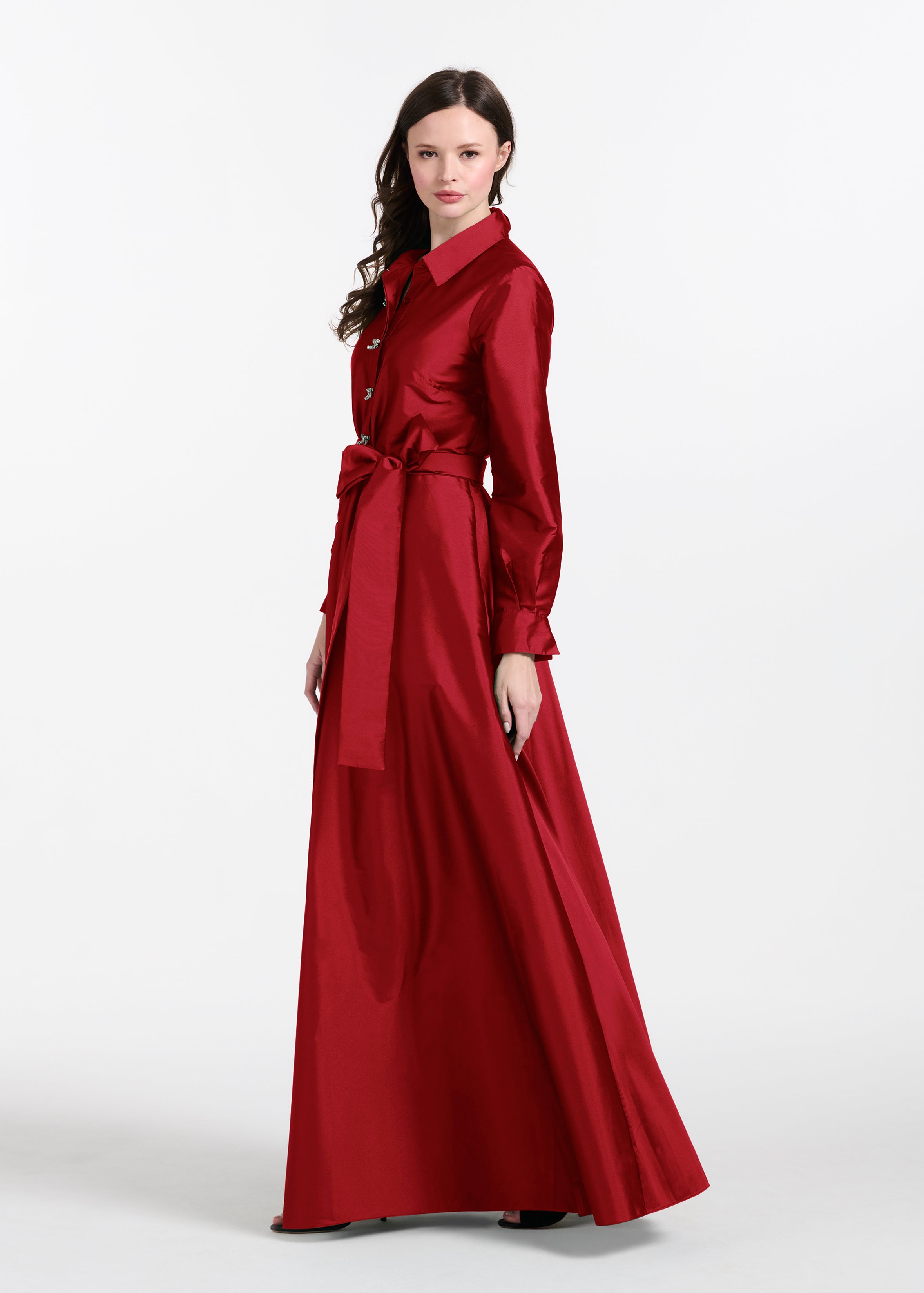 TAFFETA ALINE GOWN WITH CRYSTAL BUTTONS SILVER