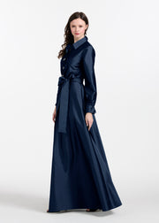 TAFFETA ALINE GOWN WITH CRYSTAL BUTTONS SILVER