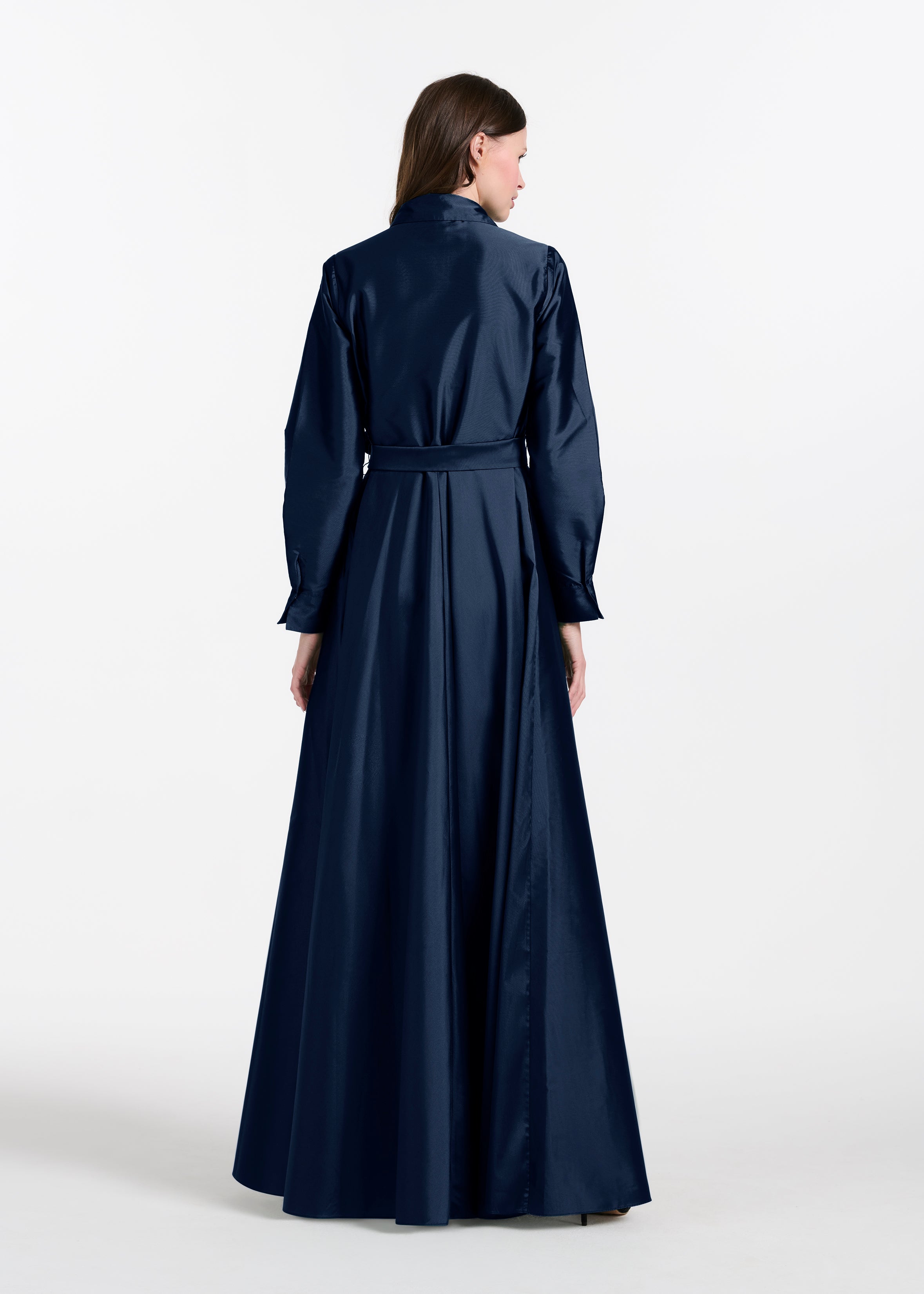 TAFFETA ALINE GOWN WITH CRYSTAL BUTTONS SILVER