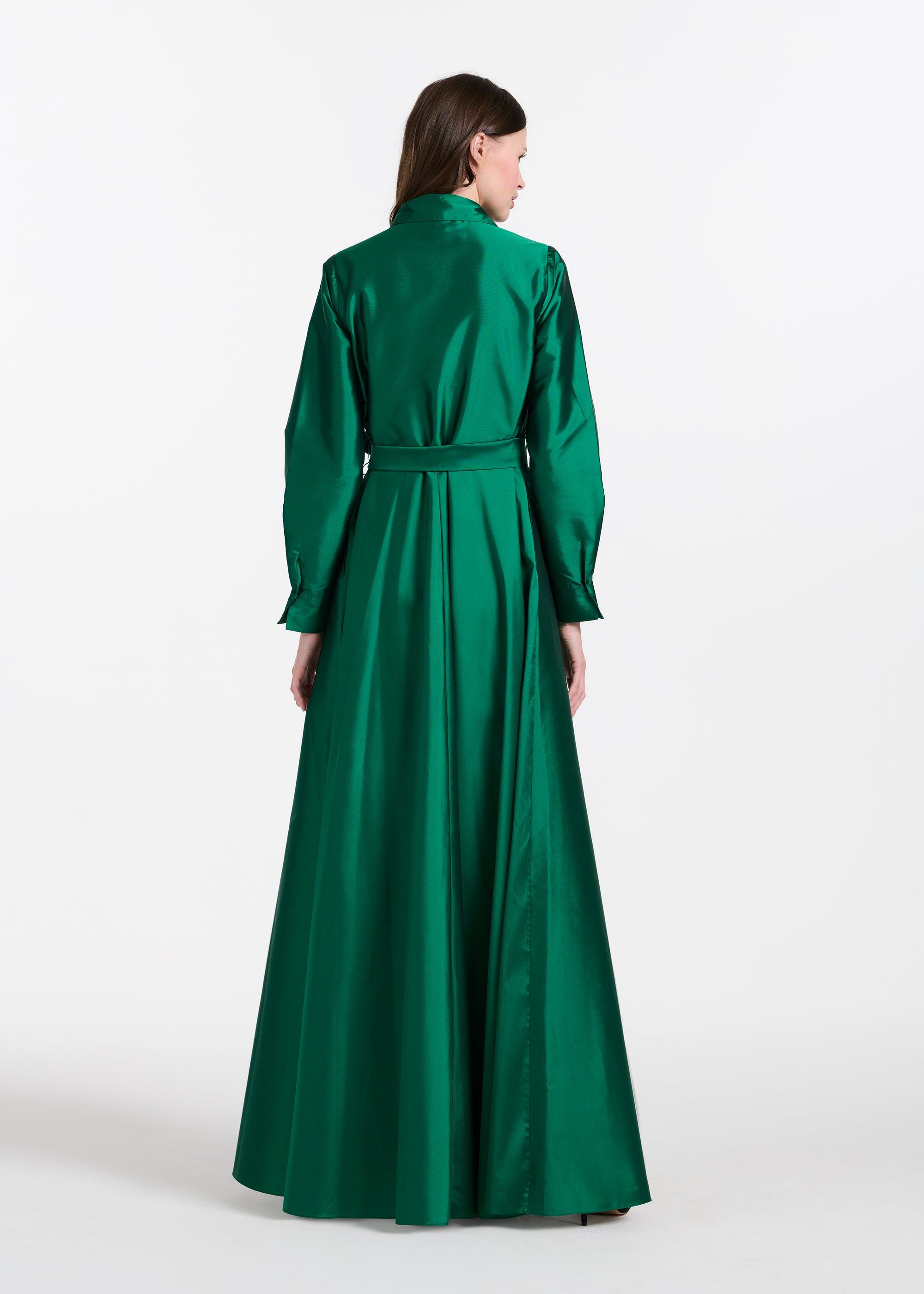 TAFFETA ALINE GOWN WITH CRYSTAL BUTTONS SILVER