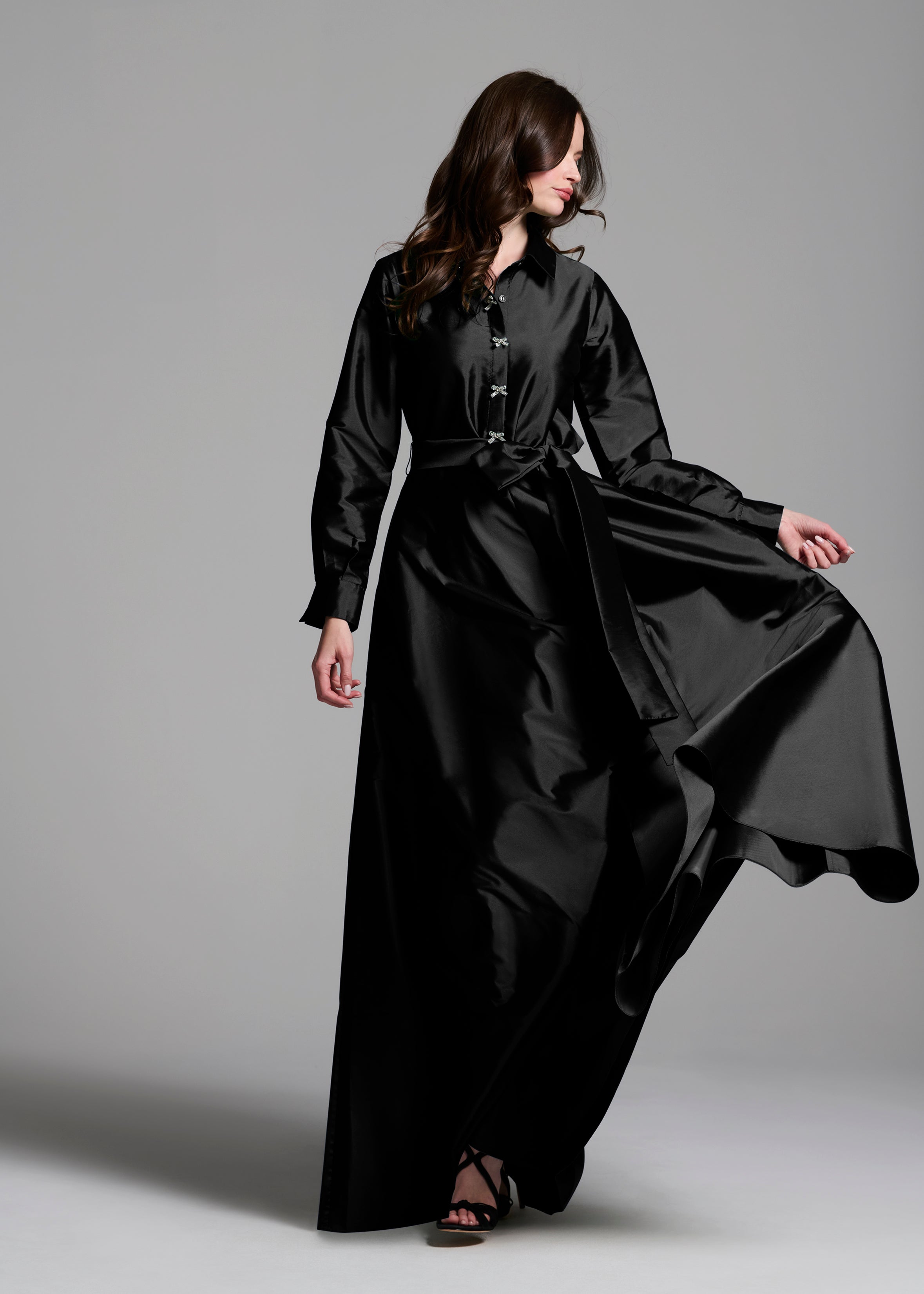 TAFFETA ALINE GOWN WITH CRYSTAL BUTTONS SILVER