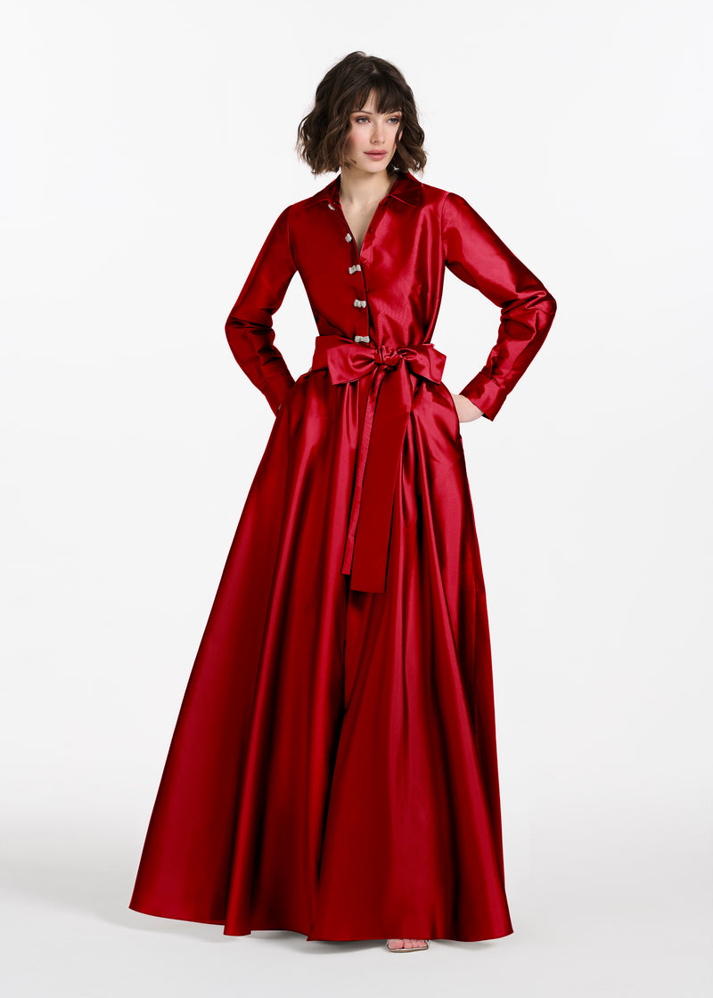 TAFFETA ALINE GOWN WITH CRYSTAL BUTTONS RED