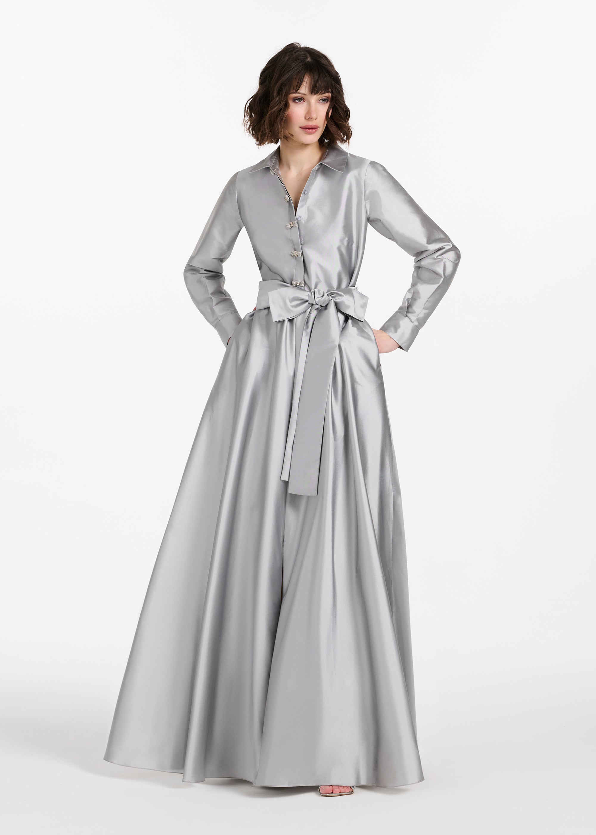 TAFFETA ALINE GOWN WITH CRYSTAL BUTTONS SILVER
