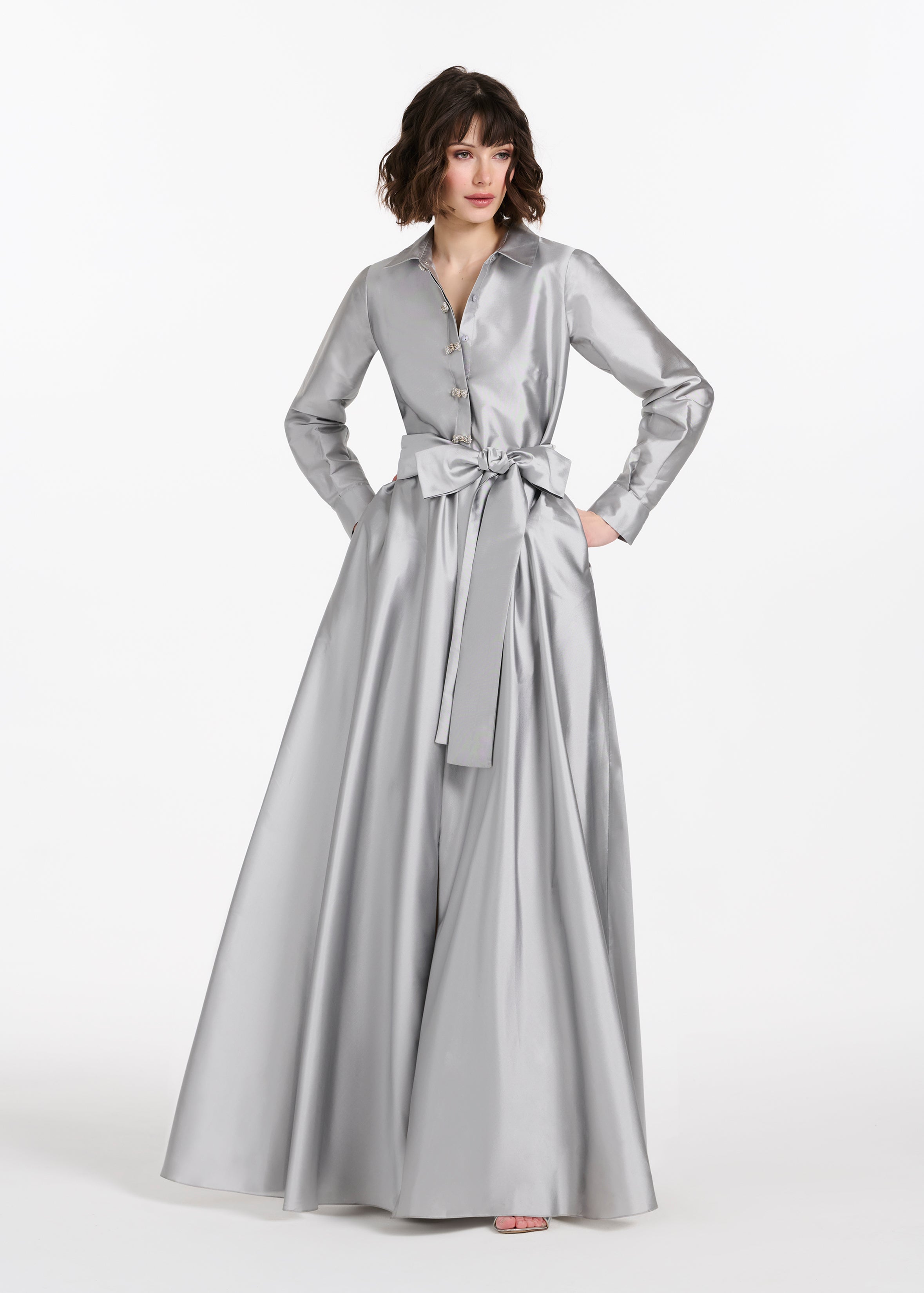 TAFFETA ALINE GOWN WITH CRYSTAL BUTTONS SILVER