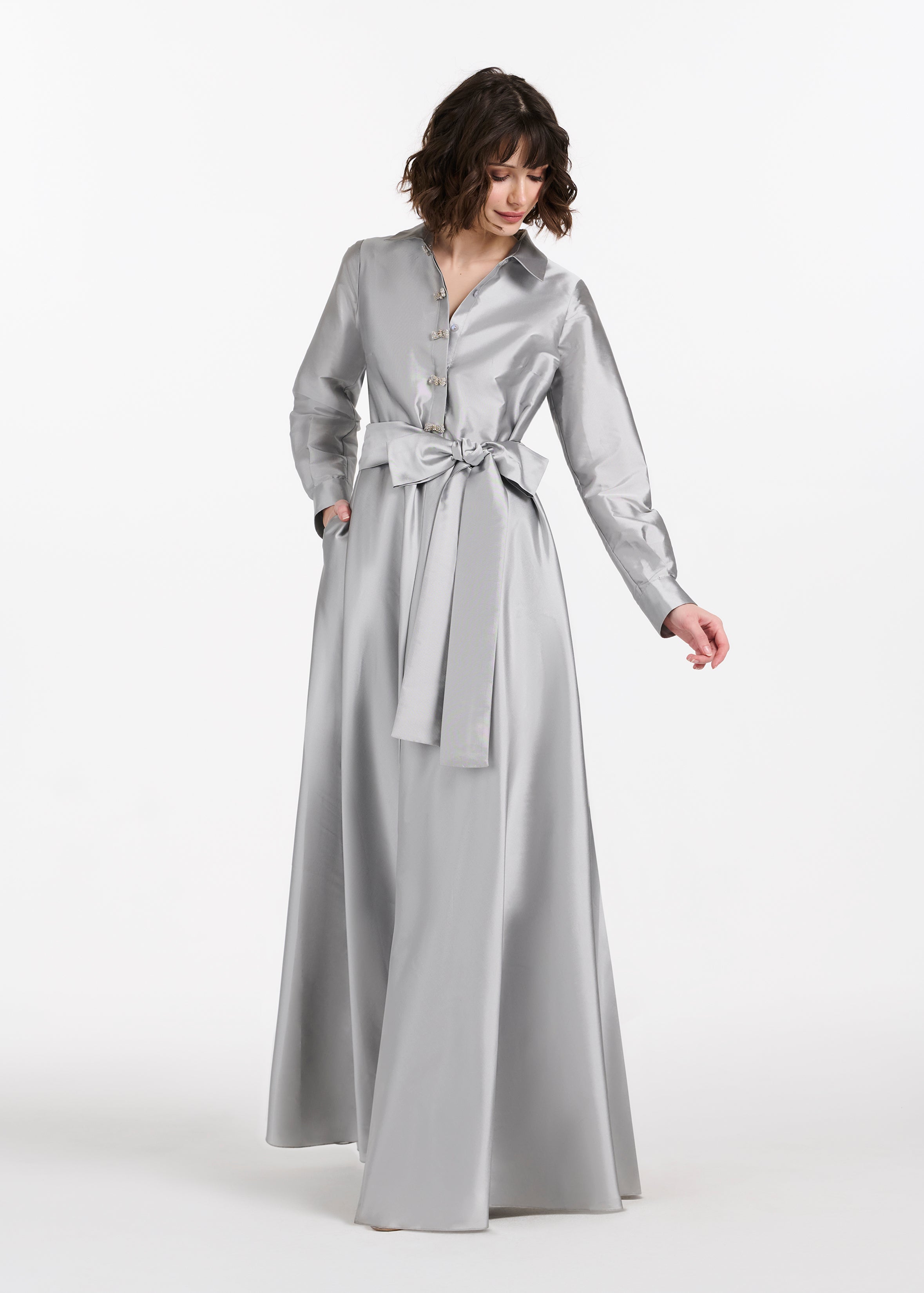 TAFFETA ALINE GOWN WITH CRYSTAL BUTTONS SILVER