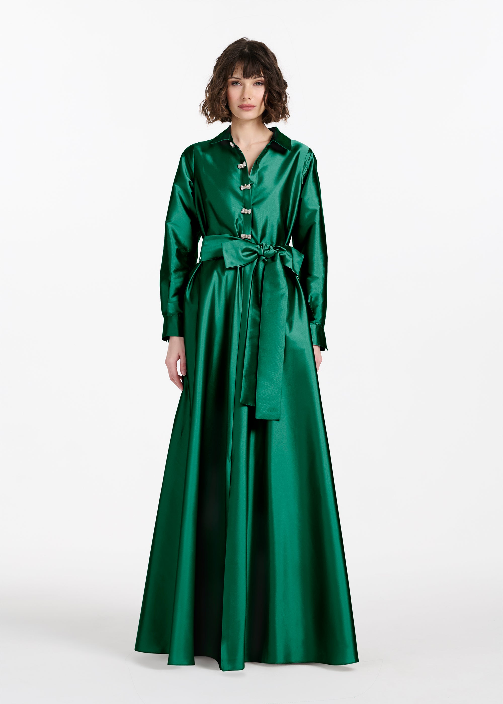 TAFFETA ALINE GOWN WITH CRYSTAL BUTTONS SILVER