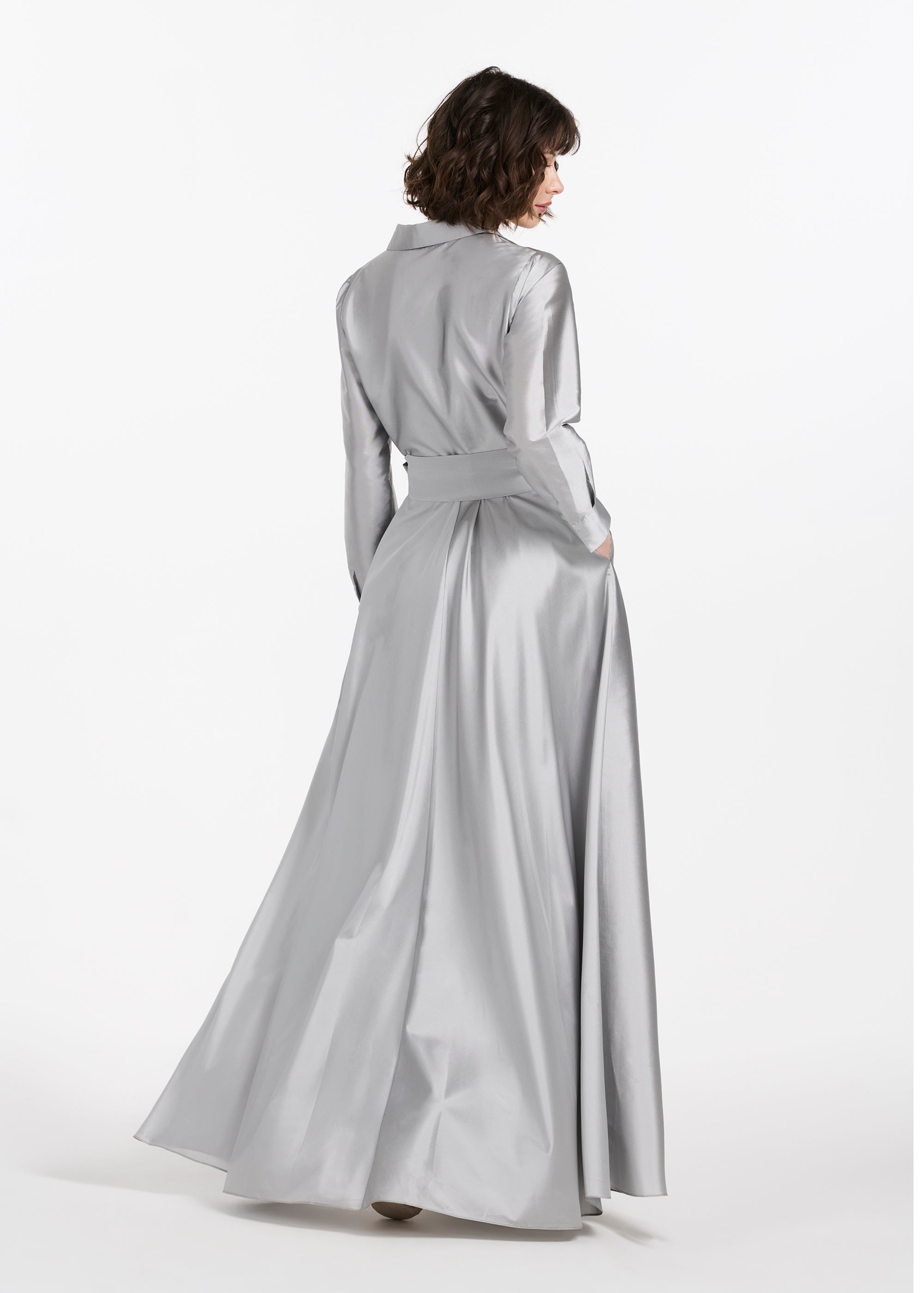 TAFFETA ALINE GOWN WITH CRYSTAL BUTTONS SILVER