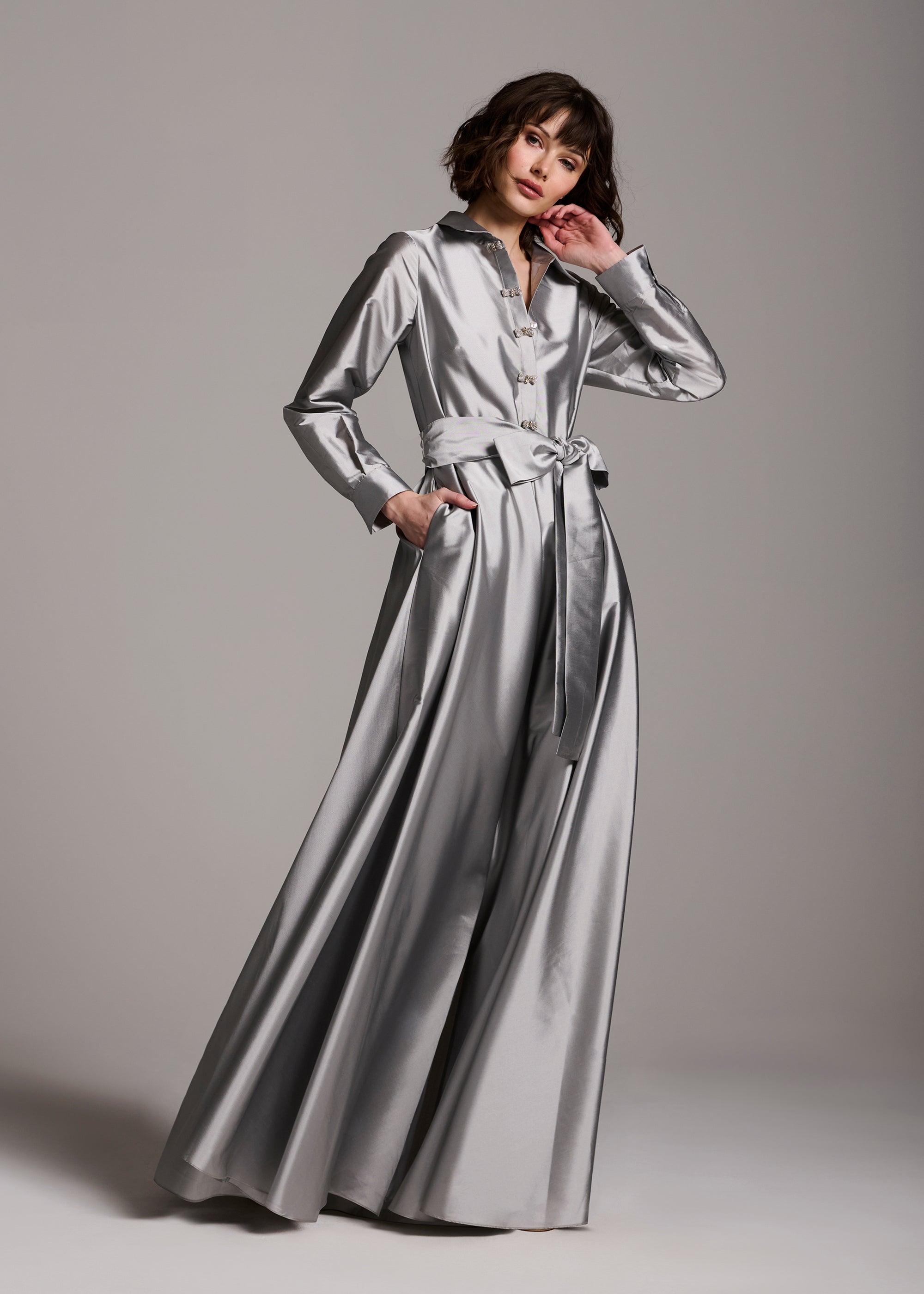 TAFFETA ALINE GOWN WITH CRYSTAL BUTTONS SILVER