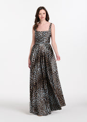 TAFFETA ANIMAL SQUARE NECK GOWN WITH CRYSTAL TRIM