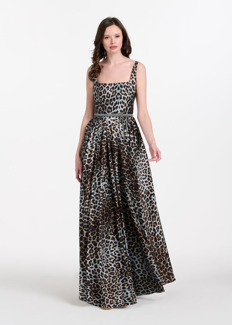 TAFFETA ANIMAL SQUARE NECK GOWN WITH CRYSTAL TRIM