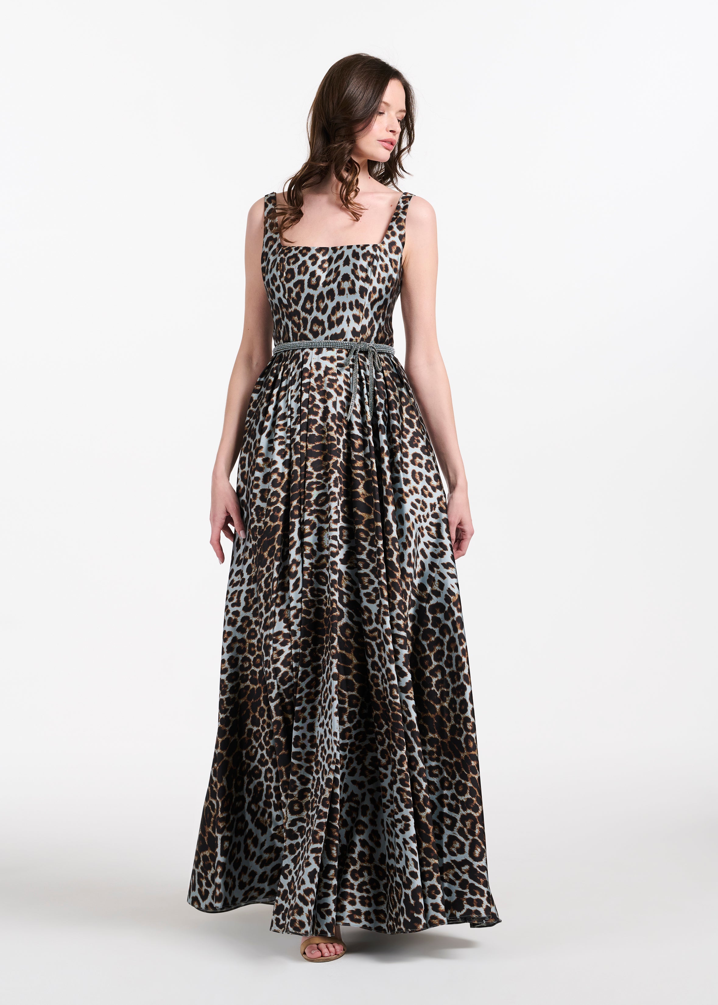 TAFFETA ANIMAL SQUARE NECK GOWN WITH CRYSTAL TRIM