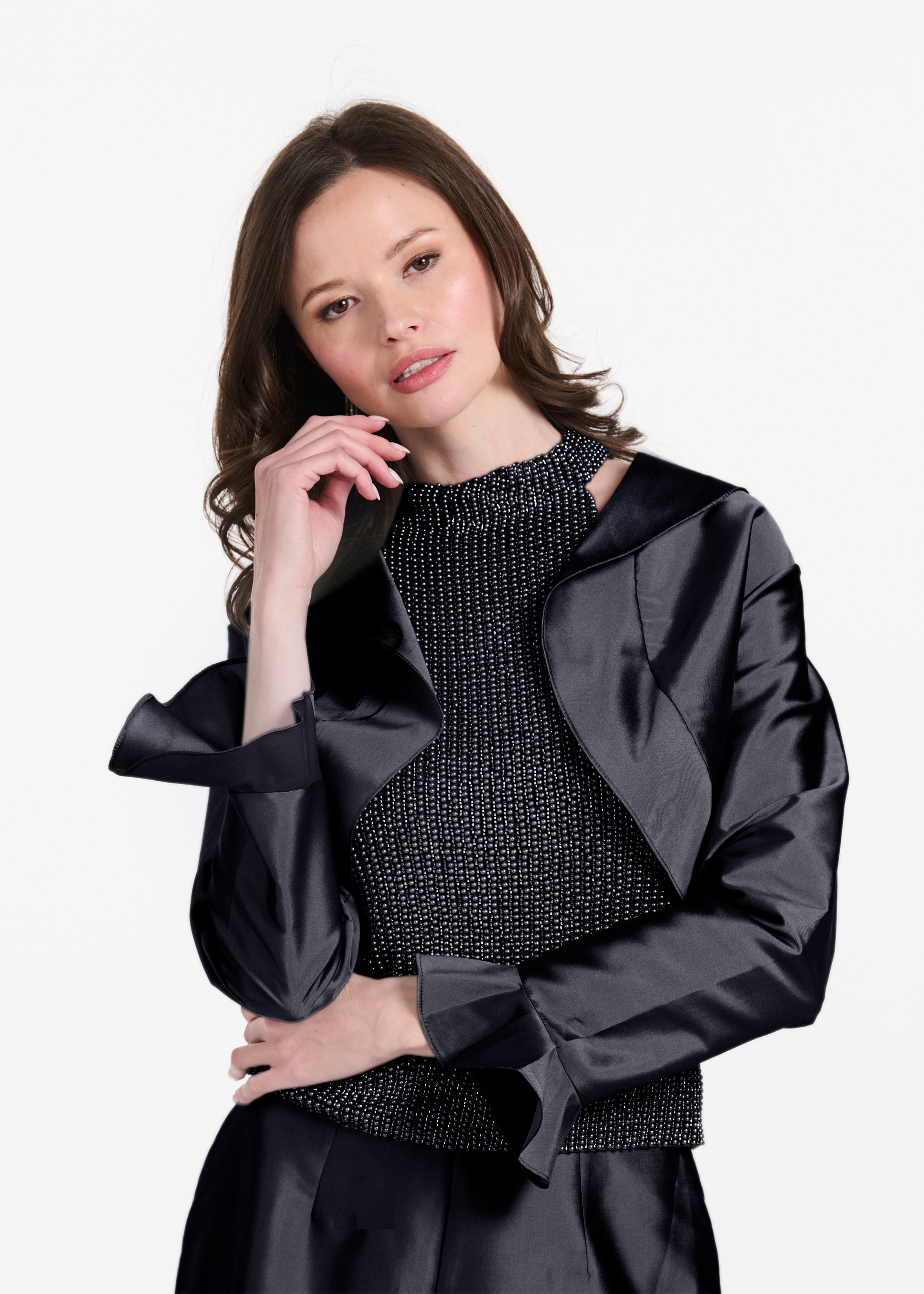 TAFFETA RUFFLE BOLERO BLACK