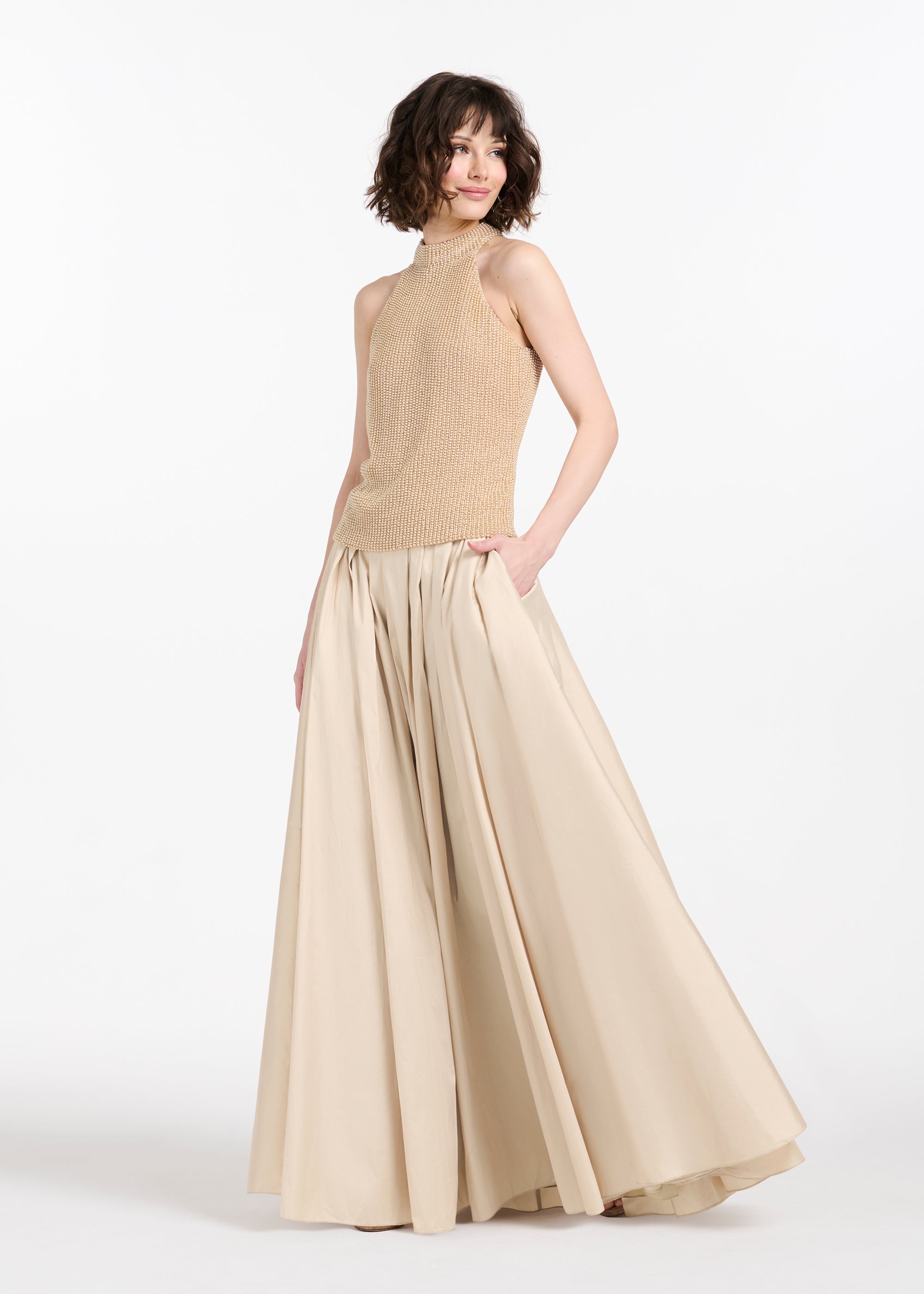CHAMPAGNE PEARL ENCRUSTED SLEEVELESS MOCK NECK