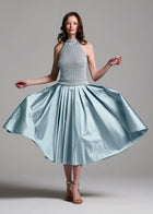 TEA LENGTH PLEATED SOFT TAFFETA MIDI SKIRT LIGHT BLUE