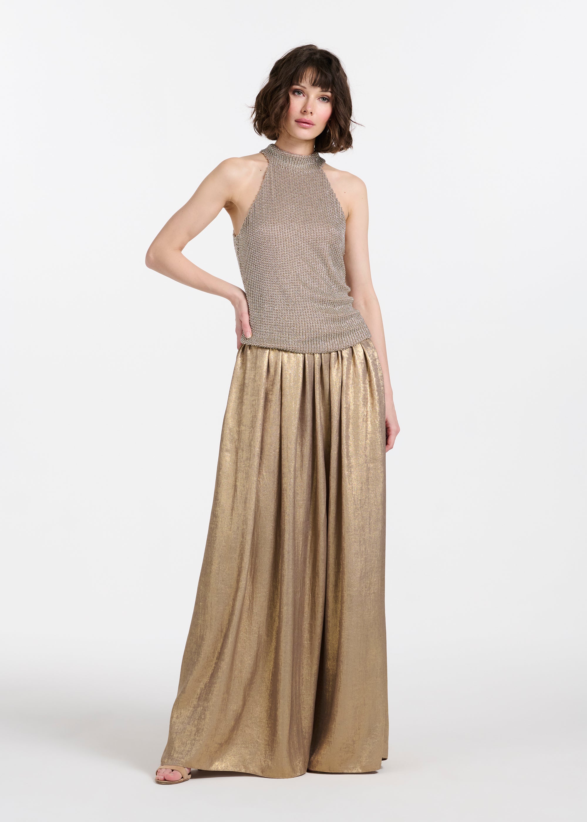SILVER PEARLS ENCRUSTED SLEEVELESS MOCK NECK