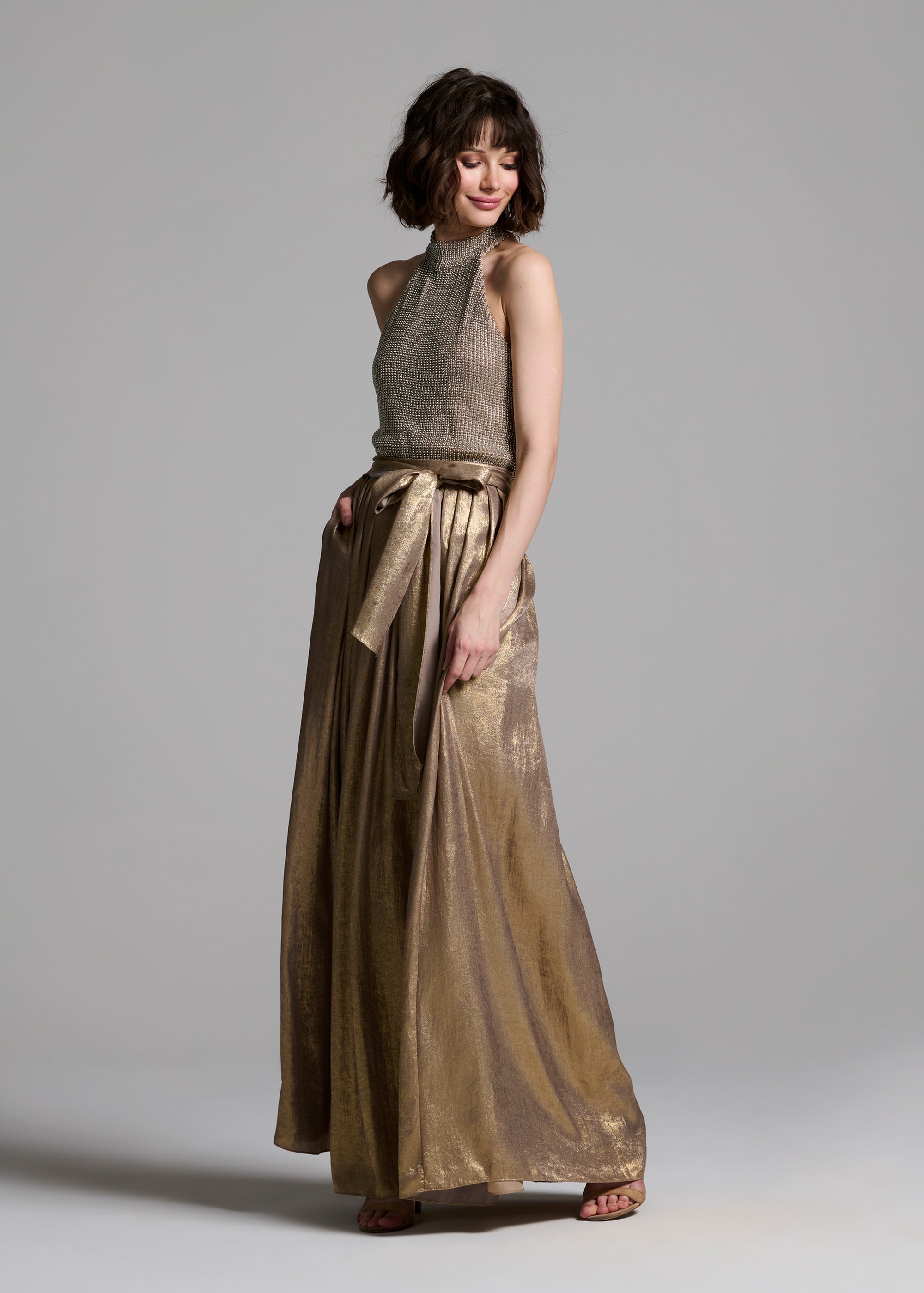 SILVER PEARLS ENCRUSTED SLEEVELESS MOCK NECK
