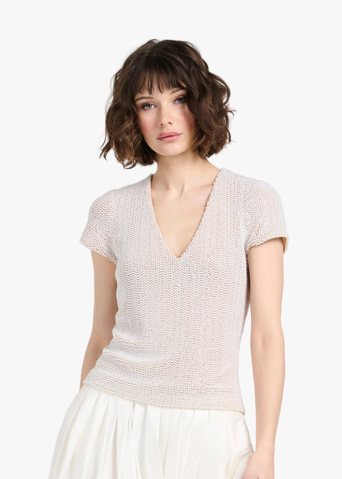 STRETCH PEARL BEADED V-NECK TOP IVORY PEARL