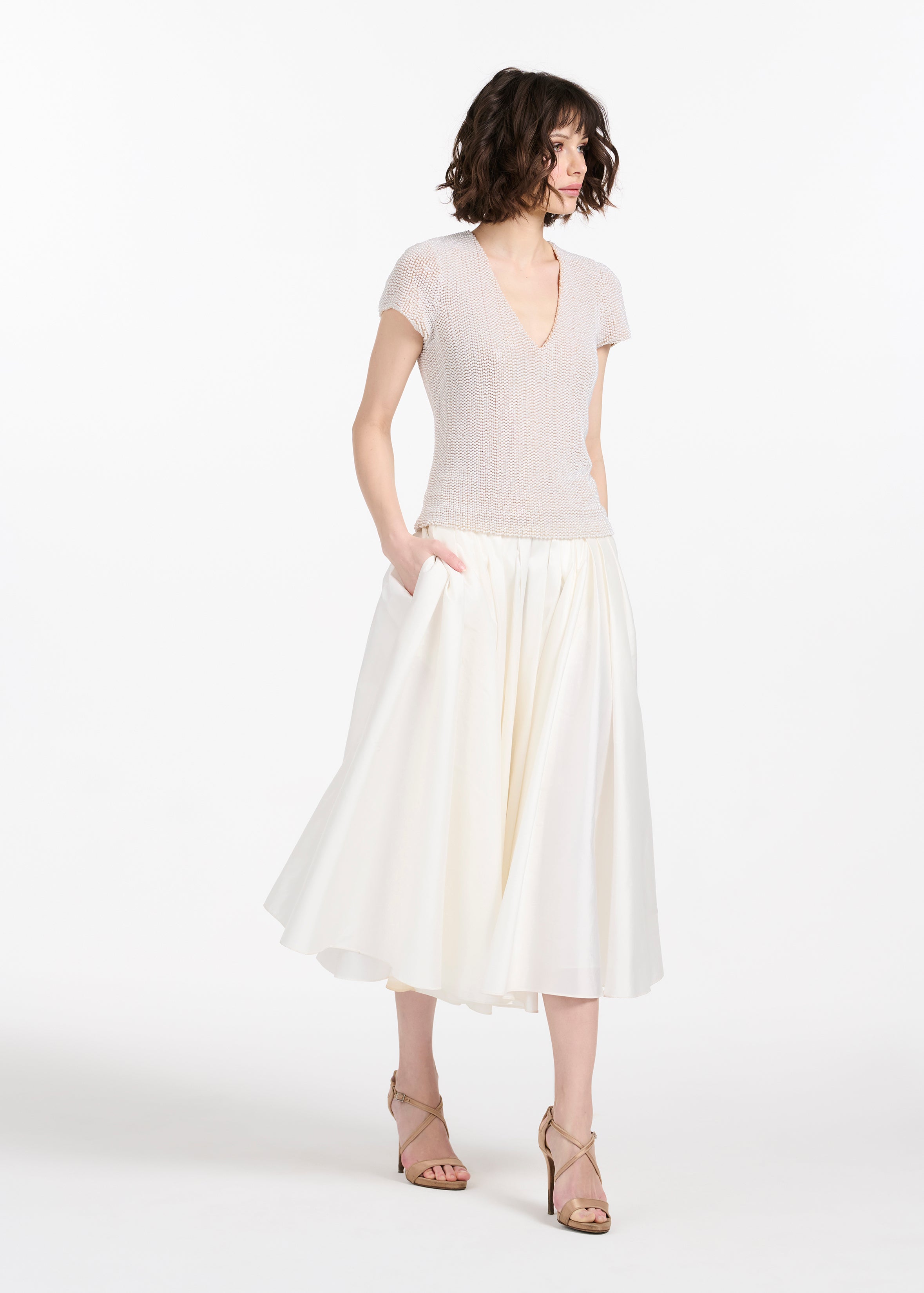 STRETCH PEARL BEADED V-NECK TOP IVORY PEARL