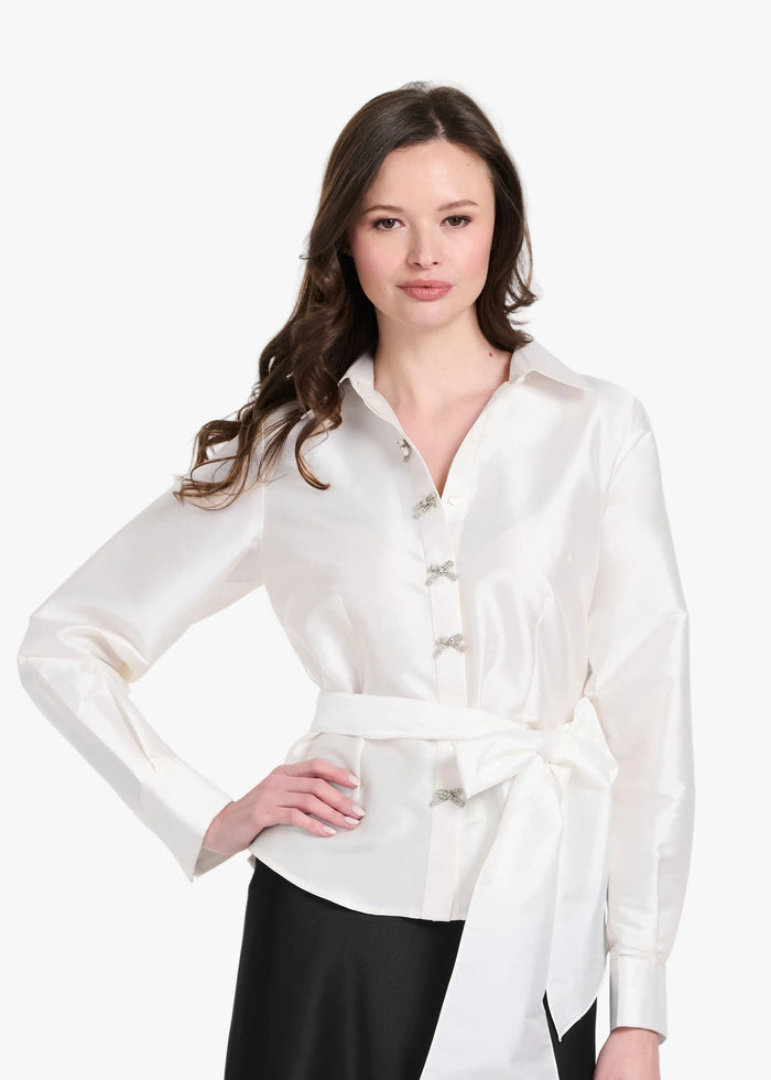 TAFFETA BLOUSE WITH CRYSTAL BOW BUTTONS AND SASH IVORY