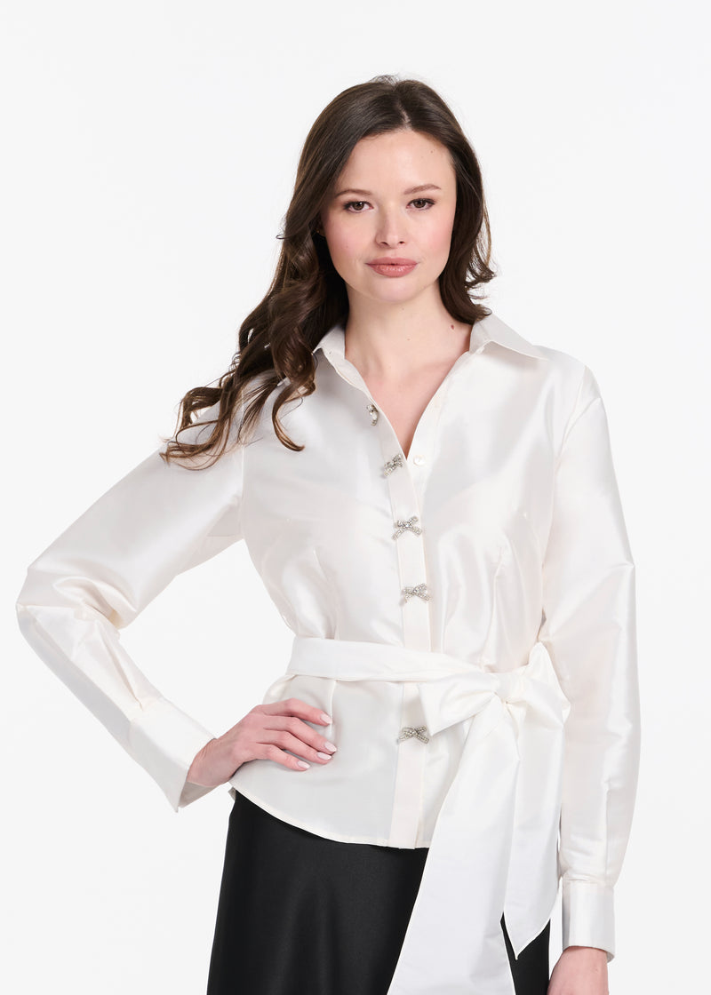 TAFFETA BLOUSE WITH CRYSTAL BOW BUTTONS AND SASH IVORY