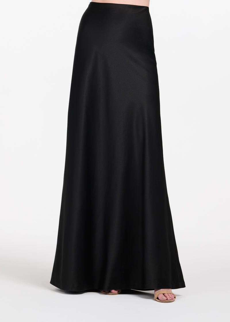 STRETCH SATIN BIAS LONG A-LINE SKIRT - BLACK