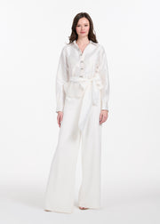 TAFFETA BLOUSE WITH CRYSTAL BOW BUTTONS AND SASH IVORY