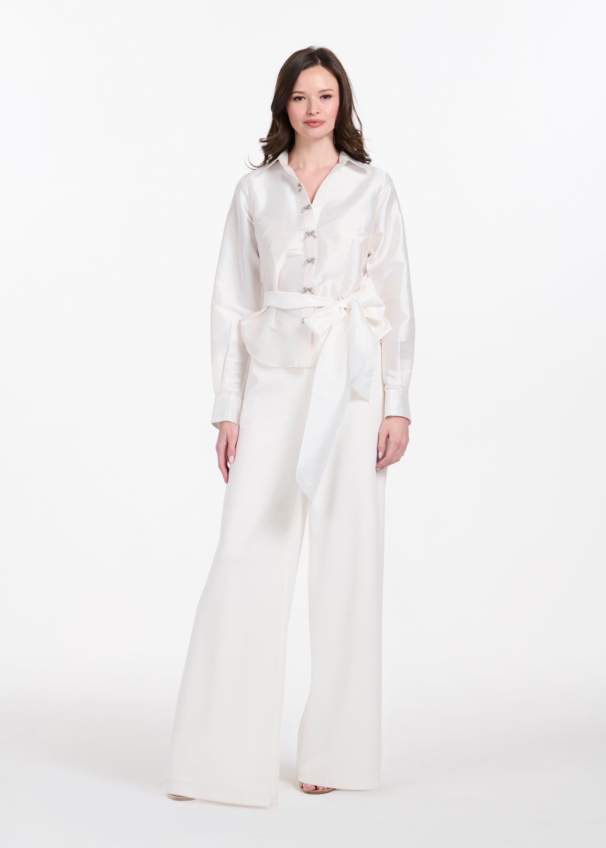 TAFFETA BLOUSE WITH CRYSTAL BOW BUTTONS AND SASH IVORY